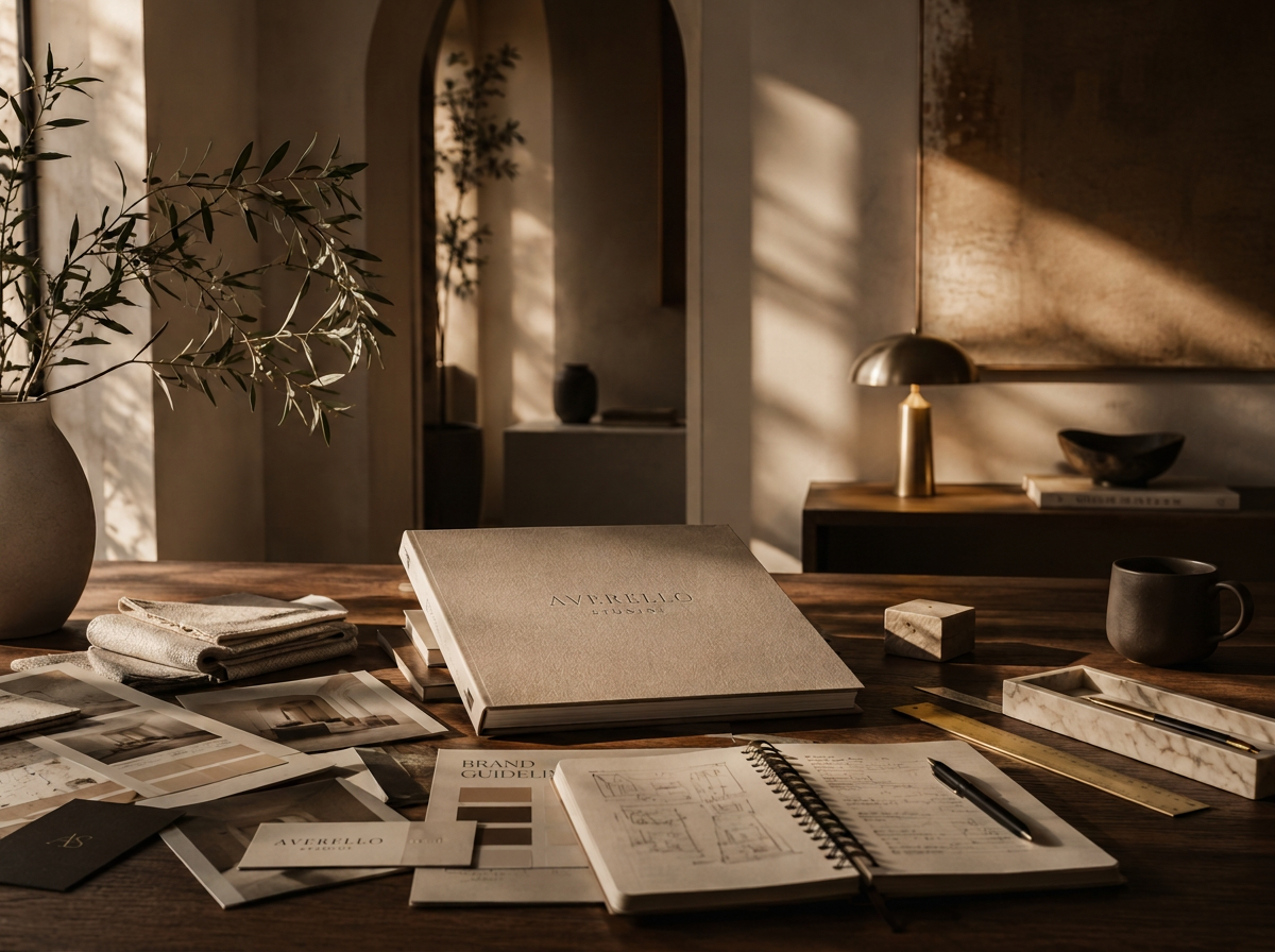 Averello Studios monograph, fabric swatches, brand boards and a sketchbook on a walnut desk in warm daylight