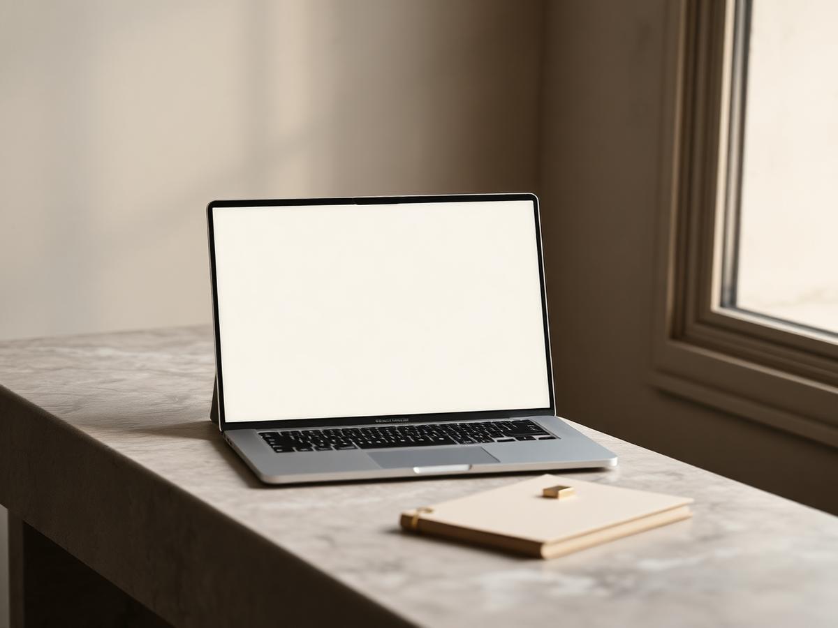 A laptop with a blank ivory screen beside a matte notebook on a stone desk in soft window light.