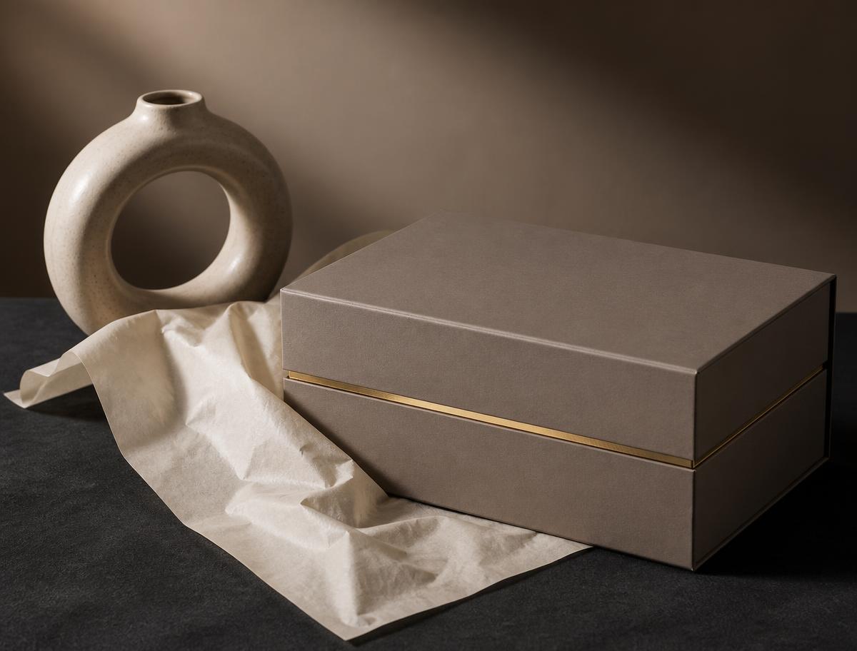 Unbranded taupe rigid gift box with a thin gold band, ivory tissue paper and a matte ceramic vessel on a charcoal surface in soft directional light