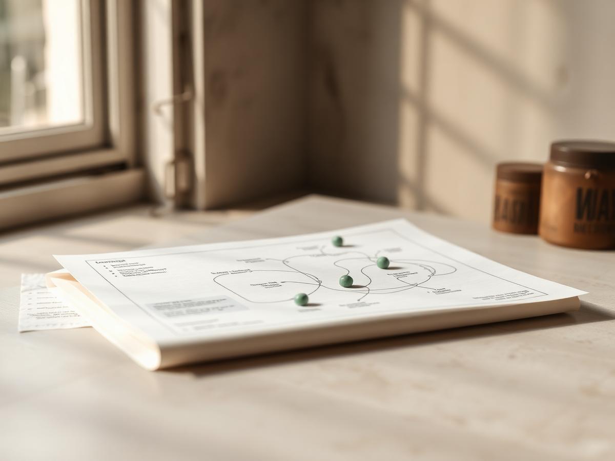 A printed journey-map diagram on heavy matte paper with pencil annotations and small sage markers.