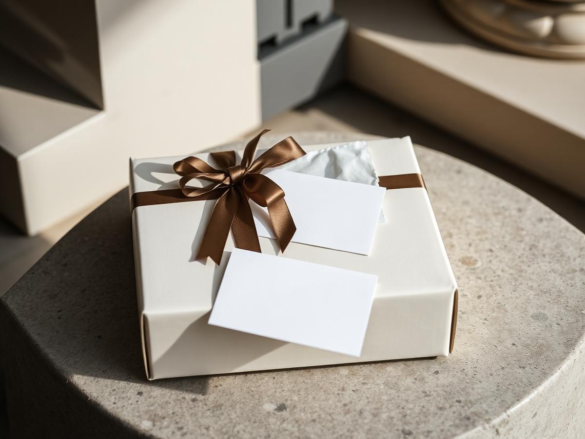 A ribbon-tied ivory gift box with tissue and a blank card resting on a stone plinth in warm light.