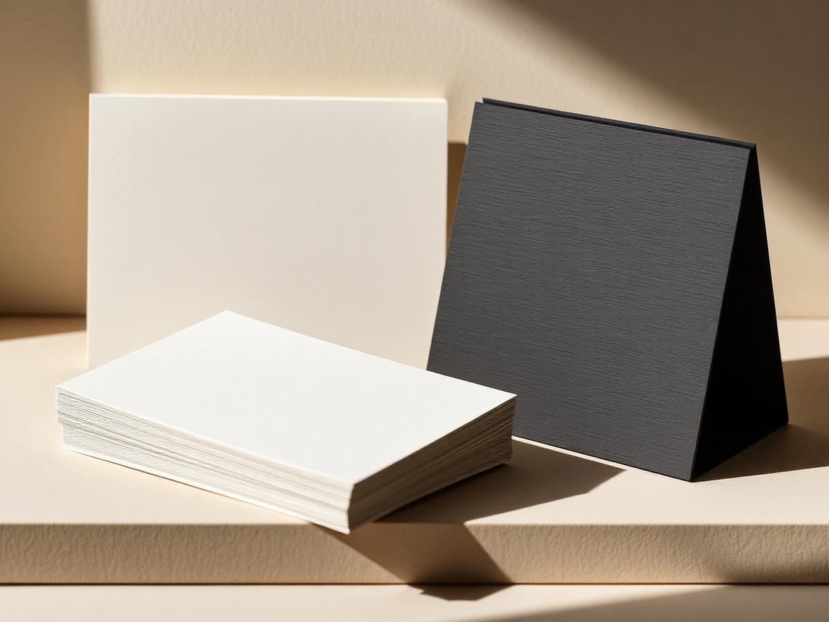 Blank cotton cards, an ivory paper stack, and a charcoal folder arranged in raking daylight.