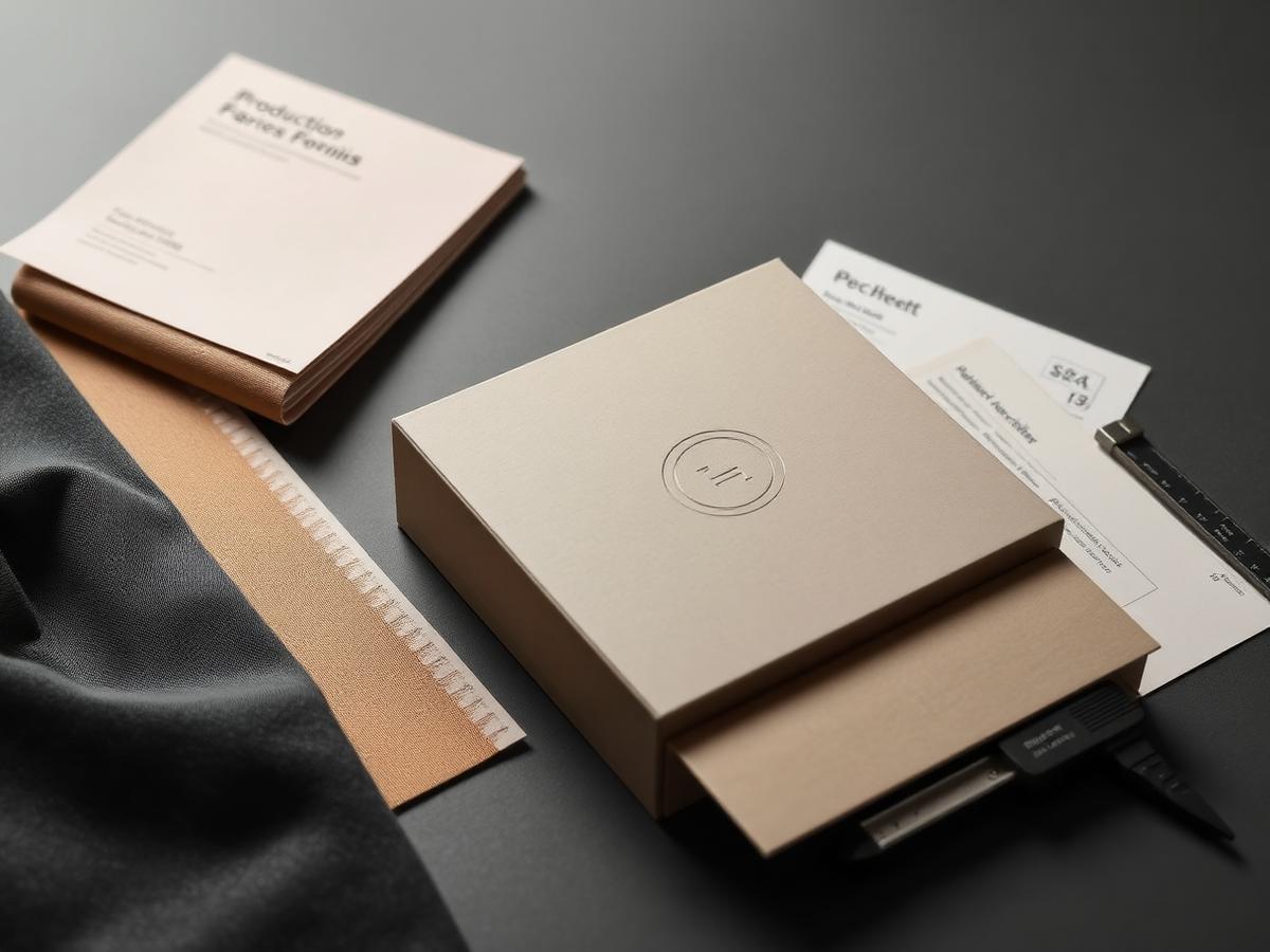 Material swatches, fabric, a blind-debossed prototype box, and specification sheets with a steel rule on a charcoal surface.