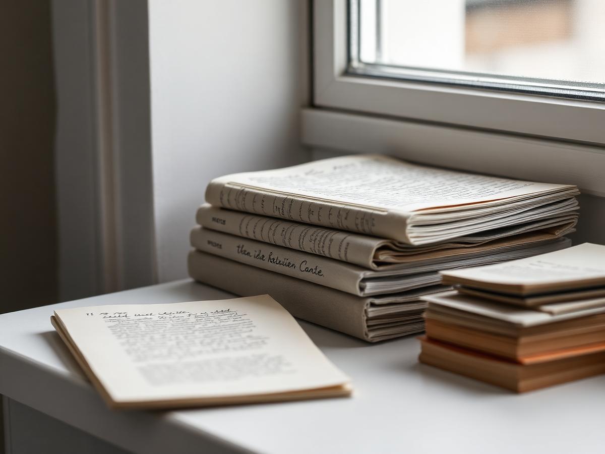 Stacked linen-bound notebooks and handwritten discovery notes resting on a windowsill in soft daylight.