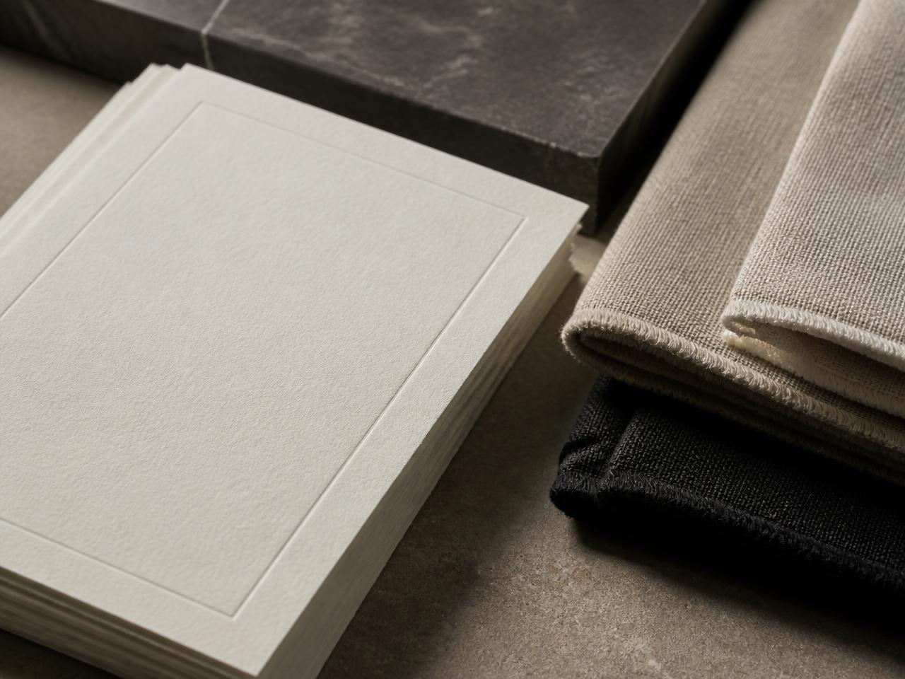 Editorial placeholder: unbranded ivory printed collateral and taupe paper stock arranged on a warm plaster surface in raking daylight