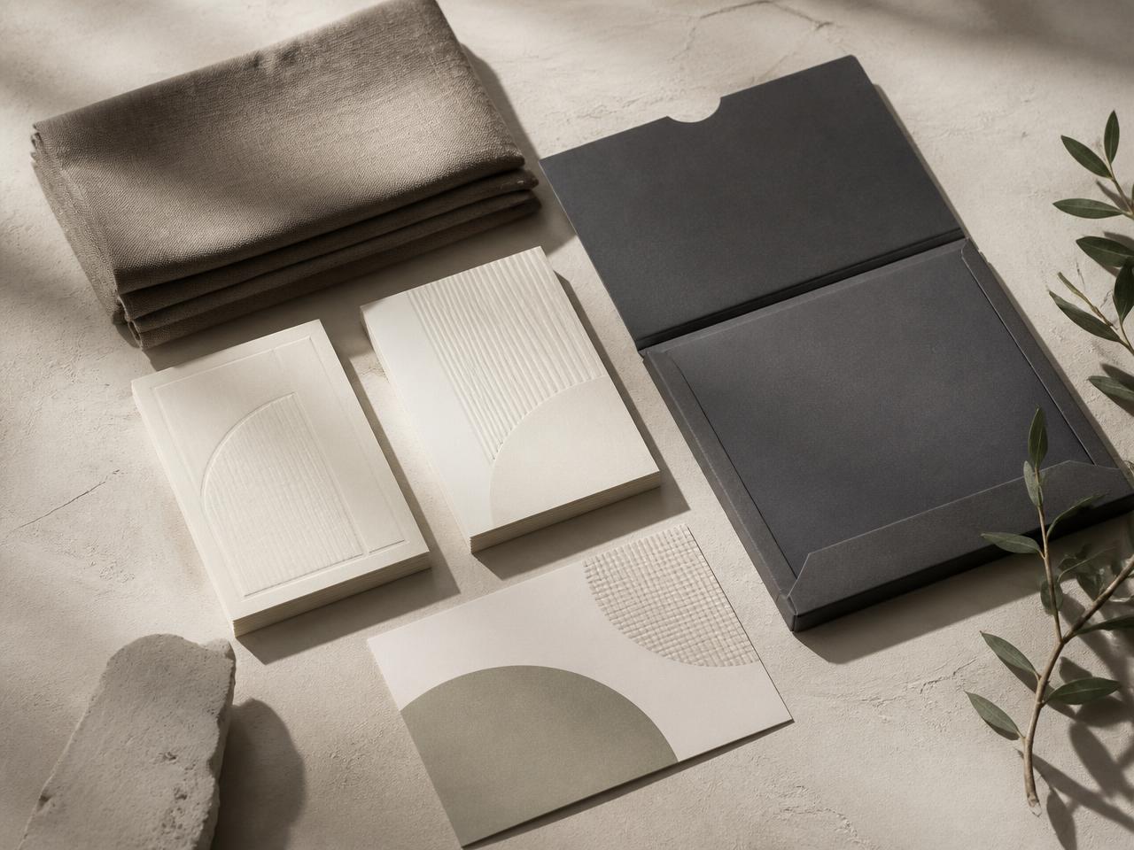 Editorial placeholder: an ivory printed card set, folded taupe cloth and matte charcoal presentation folder arranged as one collection